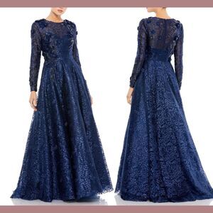 NWT $998 Mac Duggal [ 10 ] Floral Embellished Long Sleeve A-Line Gown Navy G1673